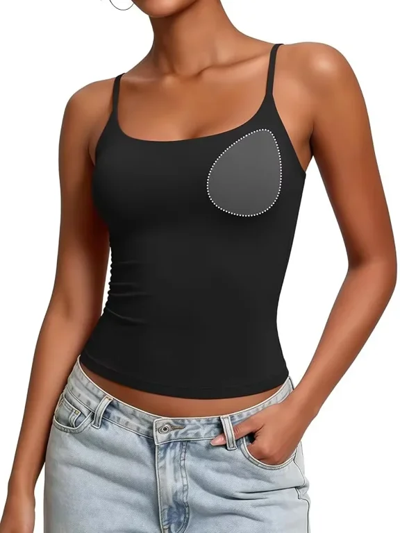 Women's Fitted Camisole Tank Top with Removable Bra Pads, Adjustable Spaghetti Straps, High Stretch Breathable Sleeveless Double Lined Cami for Workout Daily Loungewear