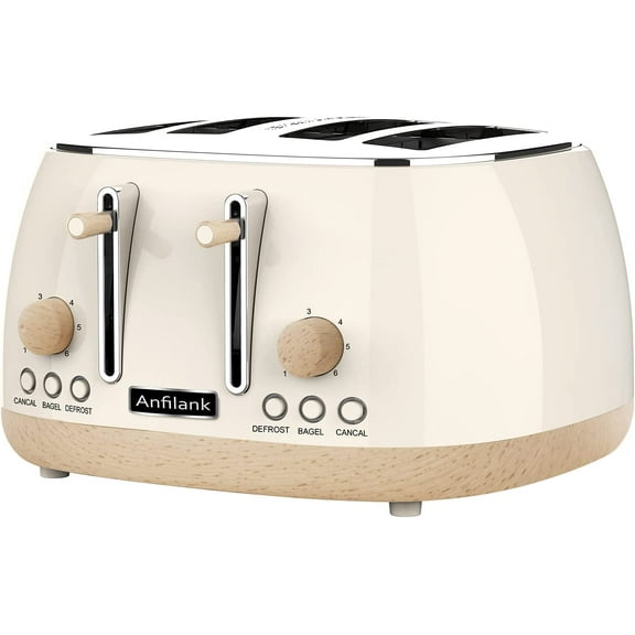 Anfilank Toaster 4 Slice,Retro Stainless Steel Toaster with Extra Wide Slots Cancel, Bagel, Defrost Function, Cream