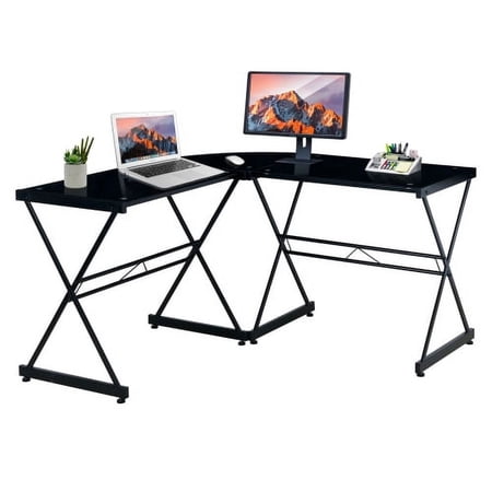 AngLink L Shaped Desk with Keyboard Tray - Efficient Work from Home Desk - Glass L Shaped Desk - Professional Work Desk For Home Office - Versatile Glass Corner Desks for Home Office