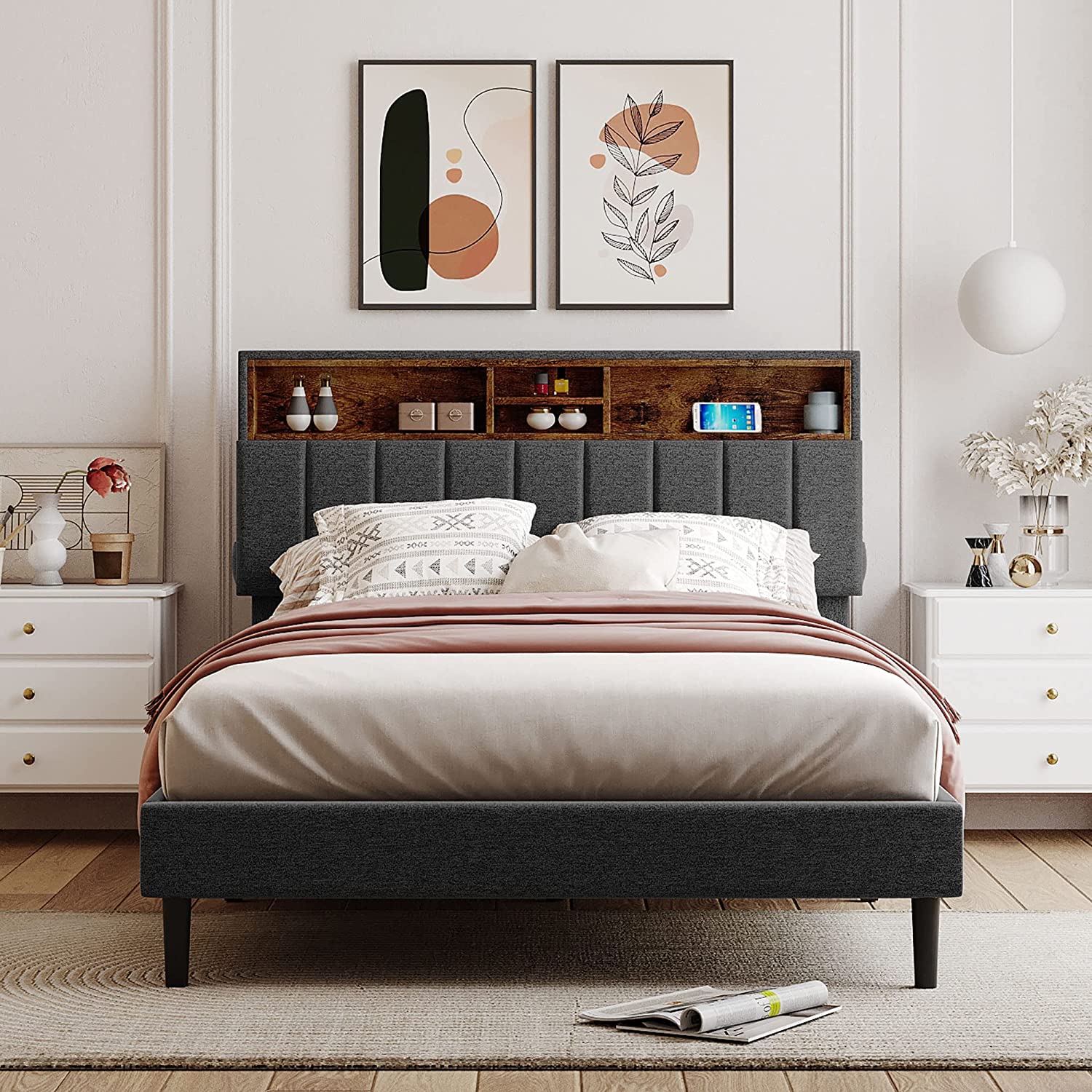 AngLink Upholstered Full Platform Bed with Storage Headboard and USB ...