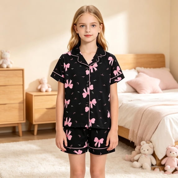 Angala 2 Piece Outfits For Girls Collared Short Sleeve Bowknot Print Sleepwear With Shorts Set Girls Autumn Daily Wear Clothes
