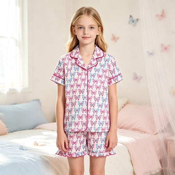Angala 2 Piece Outfits For Girls Collared Short Sleeve Butterfly Print Sleepwear With Shorts Set Girls Autumn Daily Wear Clothes