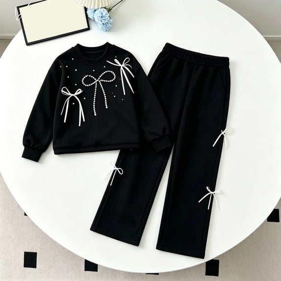 Angala 2 Piece Outfits For Girls Crew Neck Long Sleeve Bow Detail Sweatshirt With Pants Set Girls Fall Season Wear Clothes