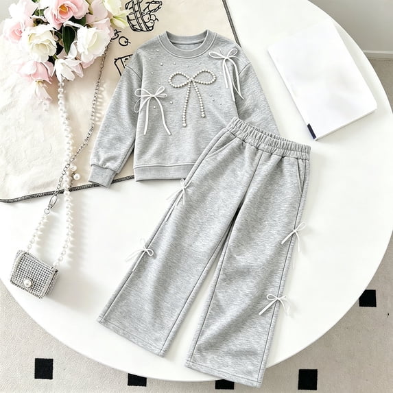 Angala 2 Piece Outfits For Girls Crew Neck Long Sleeve Bow Detail Sweatshirt With Pants Set Girls Fall Season Wear Clothes