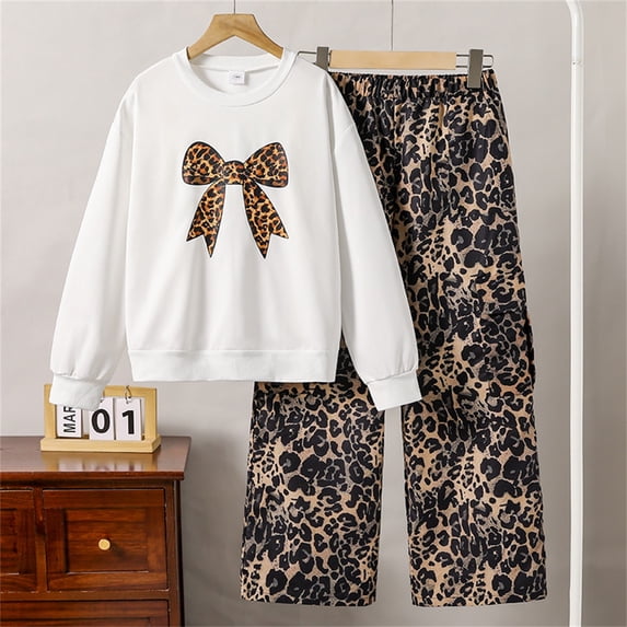 Angala 2 Piece Outfits For Girls Crew Neck Long Sleeve Leopard Bowknot Print Sweatshirt With Wide Leg Pants Set Girls Autumn Daily Wear Clothes