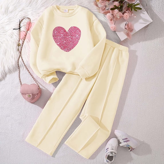 Angala 2 Piece Outfits For Girls Crew Neck Long Sleeve Love Heart Print Fleece Tracksuit With Wide Leg Pants Set Girls Autumn Daily Wear Clothes