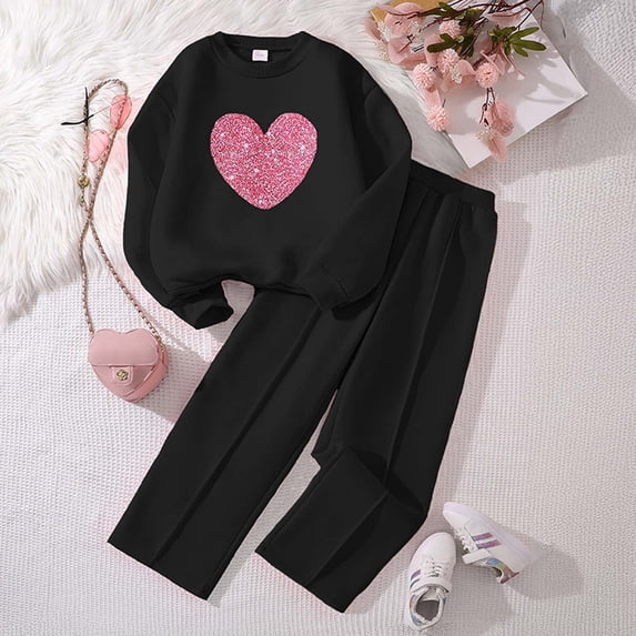 Angala 2 Piece Outfits For Girls Crew Neck Long Sleeve Love Heart Print Fleece Tracksuit With Wide Leg Pants Set Girls Fall Season Wear Clothes