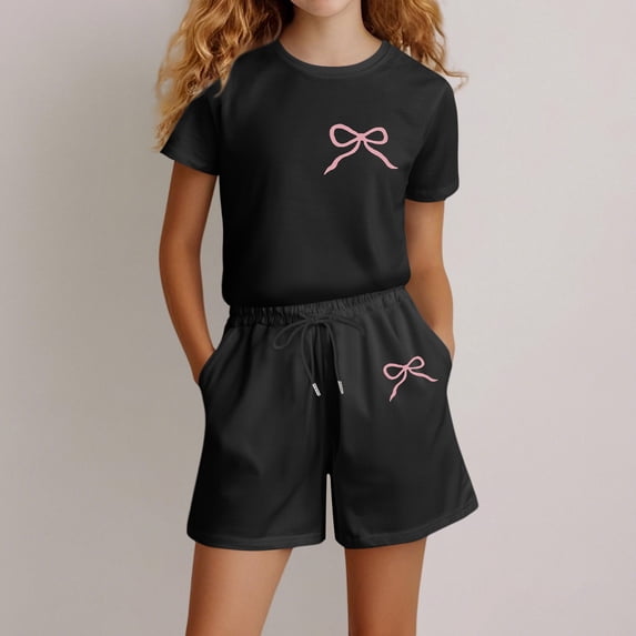 Angala 2 Piece Outfits For Girls Crew Neck Short Sleeve Bowknot Print T Shirt With Active Shorts Set Girls Autumn Daily Wear Clothes