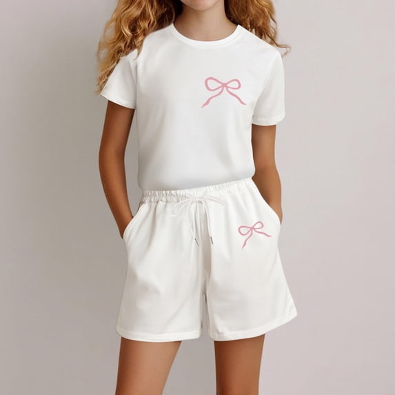 Angala 2 Piece Outfits For Girls Crew Neck Short Sleeve Bowknot Print T Shirt With Active Shorts Set Girls Autumn Daily Wear Clothes