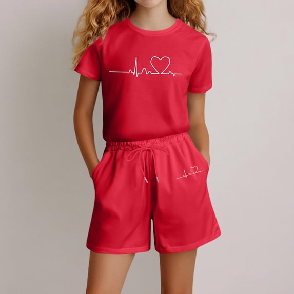Angala 2 Piece Outfits For Girls Crew Neck Short Sleeve Graphic Print T Shirt With Active Shorts Set Girls Autumn Daily Wear Clothes