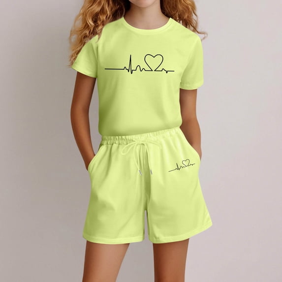 Angala 2 Piece Outfits For Girls Crew Neck Short Sleeve Graphic Print T Shirt With Active Shorts Set Girls Autumn Daily Wear Clothes