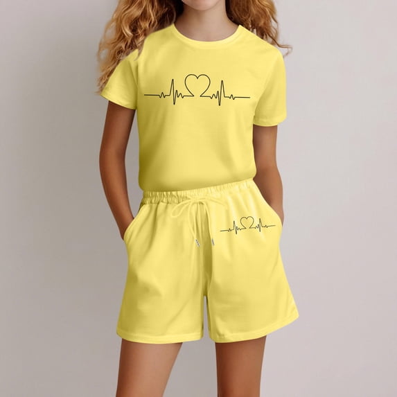 Angala 2 Piece Outfits For Girls Crew Neck Short Sleeve Graphic Print T Shirt With Active Shorts Set Girls Autumn Daily Wear Clothes
