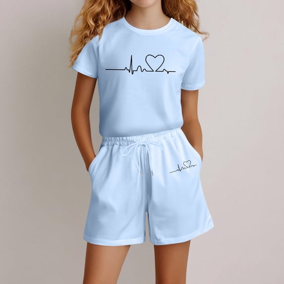 Angala 2 Piece Outfits For Girls Crew Neck Short Sleeve Graphic Print T Shirt With Active Shorts Set Girls Autumn Daily Wear Clothes