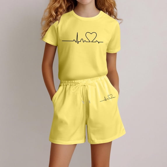 Angala 2 Piece Outfits For Girls Crew Neck Short Sleeve Graphic Print T Shirt With Active Shorts Set Girls Autumn Daily Wear Clothes