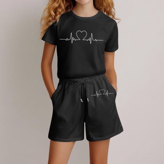 Angala 2 Piece Outfits For Girls Crew Neck Short Sleeve Graphic Print T Shirt With Active Shorts Set Girls Fall Season Wear Clothes