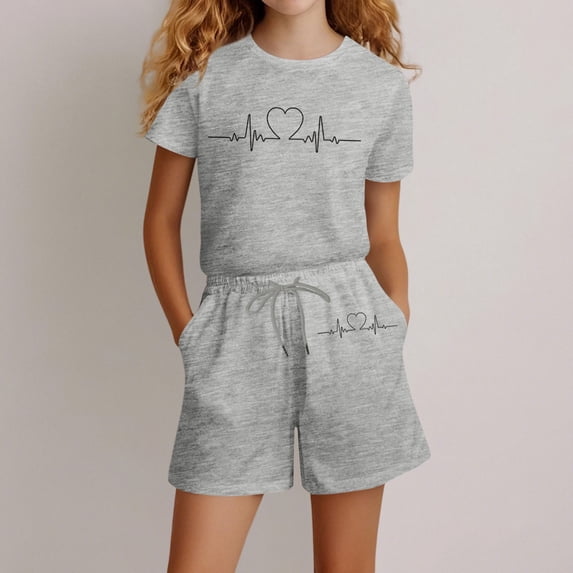 Angala 2 Piece Outfits For Girls Crew Neck Short Sleeve Graphic Print T Shirt With Active Shorts Set Girls Fall Season Wear Clothes