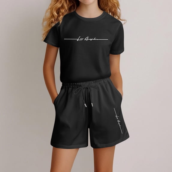 Angala 2 Piece Outfits For Girls Crew Neck Short Sleeve Letter Print T Shirt With Active Shorts Set Girls Fall Season Wear Clothes