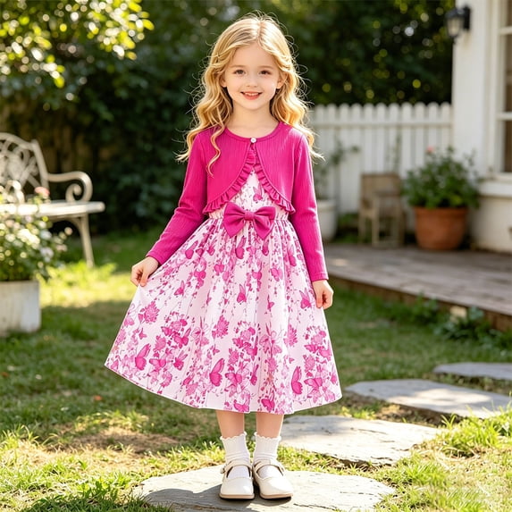 Angala 2 Piece Outfits For Girls Crew Neck Sleeveless Floral Pattern Dress With Solid Knit Cardigan Set Girls Autumn Daily Wear Clothes