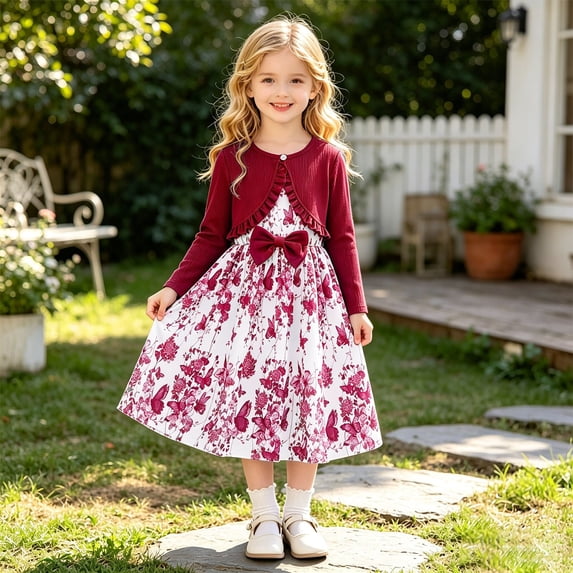 Angala 2 Piece Outfits For Girls Crew Neck Sleeveless Floral Pattern Dress With Solid Knit Cardigan Set Girls Fall Season Wear Clothes