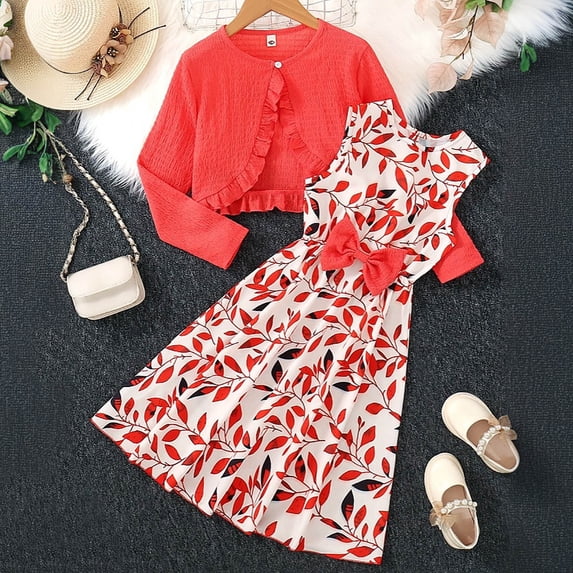Angala 2 Piece Outfits For Girls Crew Neck Sleeveless Floral Print Dress With Cardigan Set Girls Autumn Daily Wear Clothes