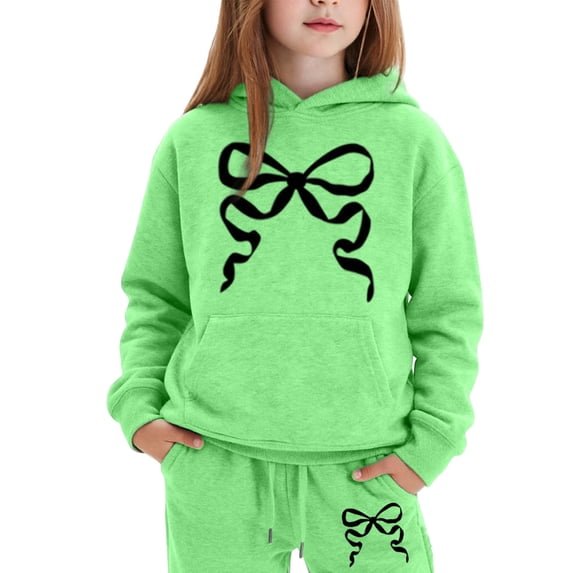 Angala 2 Piece Outfits For Girls Hooded Long Sleeve Bowknot Print Sweatshirt With Jogger Pants Set Girls Autumn Daily Wear Clothes