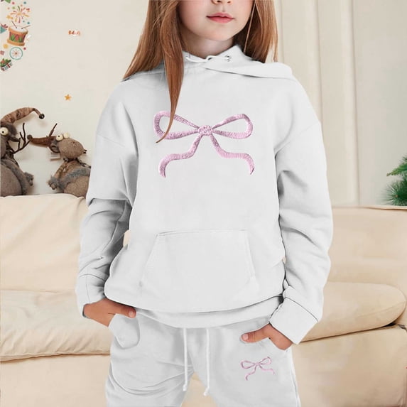 Angala 2 Piece Outfits For Girls Hooded Long Sleeve Bowknot Print Sweatshirt With Jogger Pants Set Girls Fall Season Wear Clothes