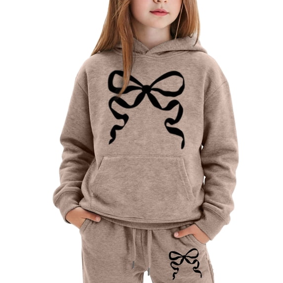 Angala 2 Piece Outfits For Girls Hooded Long Sleeve Bowknot Print Sweatshirt With Jogger Pants Set Girls Fall Season Wear Clothes