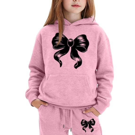 Angala 2 Piece Outfits For Girls Hooded Long Sleeve Bowknot Print Sweatshirt With Jogger Pants Set Girls Fall Season Wear Clothes