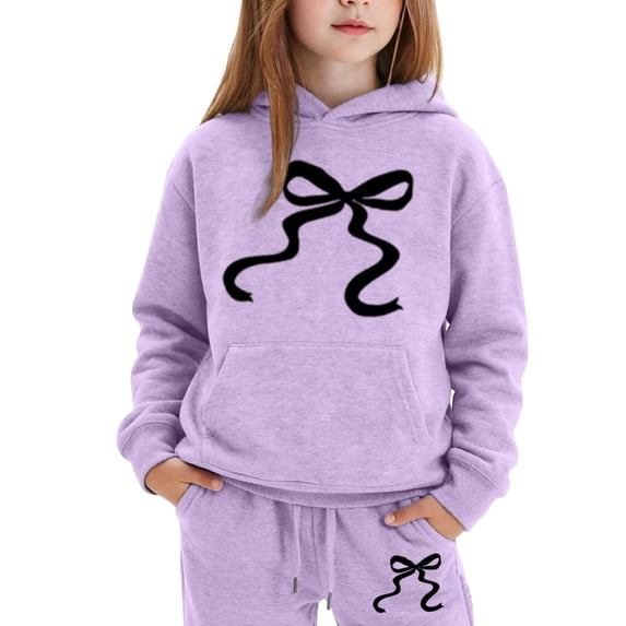 Angala 2 Piece Outfits For Girls Hooded Long Sleeve Bowknot Print Sweatshirt With Jogger Pants Set Girls Fall Season Wear Clothes