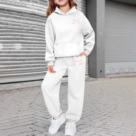 Angala 2 Piece Outfits For Girls Hooded Long Sleeve Bowknot Print Sweatshirt With Jogger Pants Set Girls Fall Season Wear Clothes