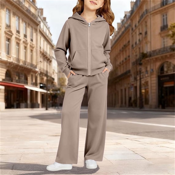 Angala 2 Piece Outfits For Girls Hooded Long Sleeve Sweatshirt With Wide Leg Pants Set Girls Autumn Daily Wear Clothes