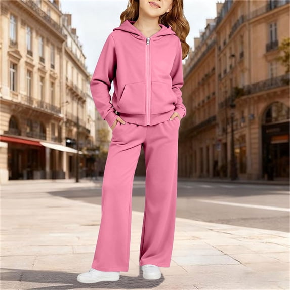 Angala 2 Piece Outfits For Girls Hooded Long Sleeve Sweatshirt With Wide Leg Pants Set Girls Autumn Daily Wear Clothes