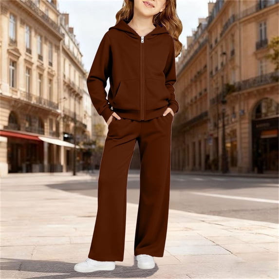 Angala 2 Piece Outfits For Girls Hooded Long Sleeve Sweatshirt With Wide Leg Pants Set Girls Fall Season Wear Clothes
