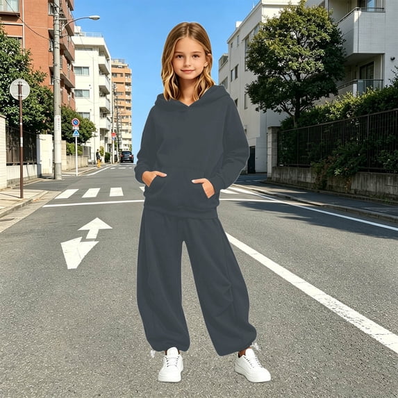 Angala 2 Piece Outfits For Girls Long Sleeve Cozy Hooded Sweatshirt With High Wwaist Pants With Back Pocket Set Girls Fall Season Wear Clothes