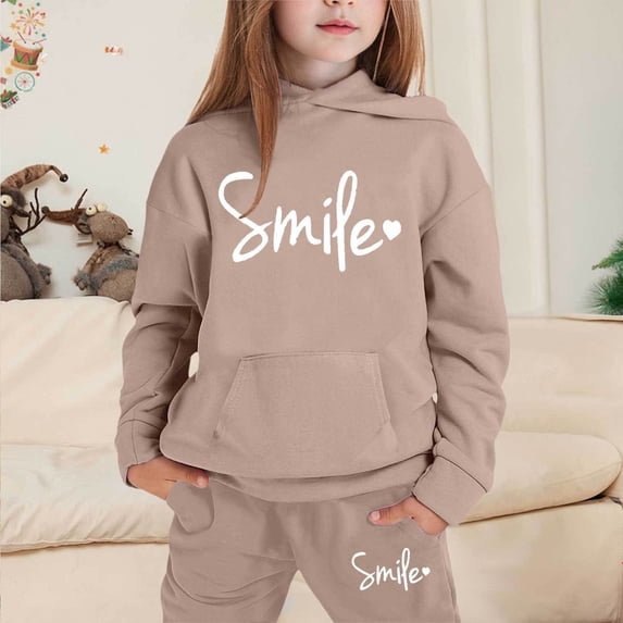 Angala 2 Piece Outfits For Girls Long Sleeve Letter Print Warm Hoodie Pullover Tops With Sweatpants Set Girls Autumn Daily Wear Clothes