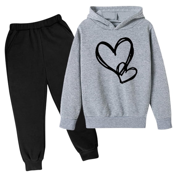 Angala 2 Piece Outfits For Girls Long Sleeve Love Heart Print Oversized Hoodie With Jogger Pants Set Girls Fall Season Wear Clothes