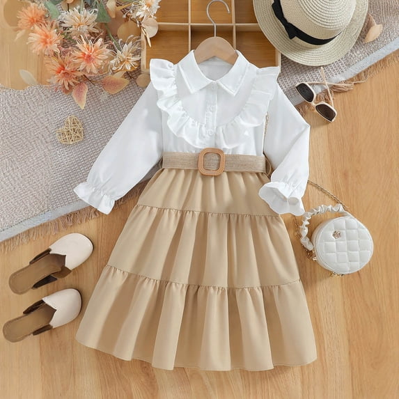 Angala 2 Piece Outfits For Girls Notch Neck Long Sleeve Shirts With Below Knee Skirt Set Girls Autumn Daily Wear Clothes