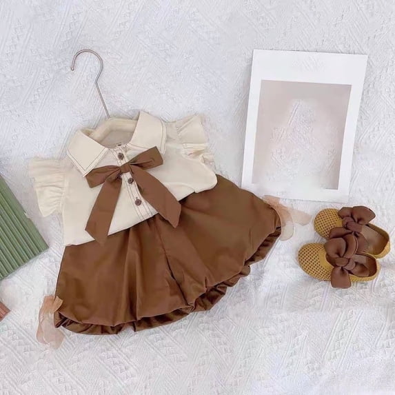Angala 2 Piece Outfits For Girls Notch Neck Short Sleeve Bow Knot Blouse With Shorts Set Girls Autumn Daily Wear Clothes