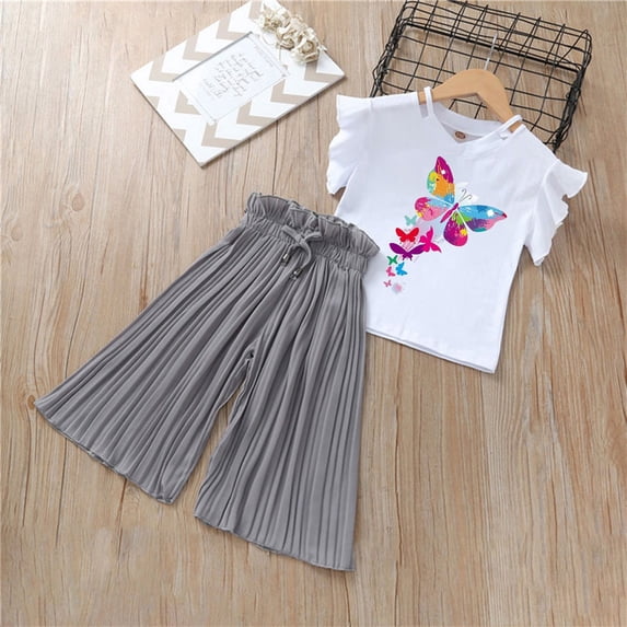 Angala 2 Piece Outfits For Girls V-Neck Short Sleeve Butterfly Print T Shirt Tops With Wide Leg Pants Set Girls Fall Season Wear Clothes