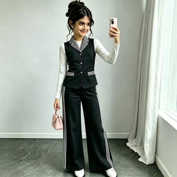 Angala 2 Piece Outfits For Girls V-Neck Sleeveless Vest With Wide Leg Trousers Set Girls Fall Season Wear Clothes