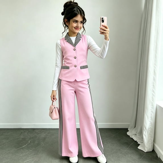 Angala 2 Piece Outfits For Girls V-Neck Sleeveless Vest With Wide Leg Trousers Set Girls Fall Season Wear Clothes