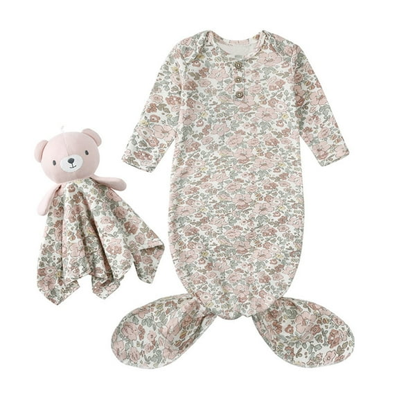 Angala 6M Baby Infant Outfit Knotted Sleep Gown Sleepwear Baby Knot Floral Long Sleeve Sleeping Gown With Toy Set Cozy Cute Practical One Size