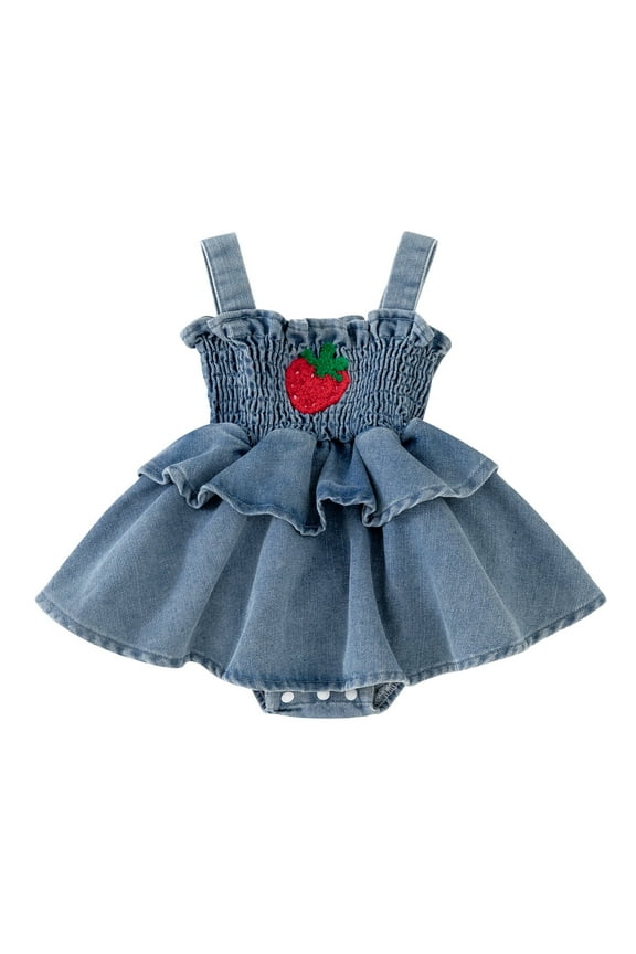 Baby Girls' Strawberry Print Denim Dress Sleeveless Summer Casual Outfit For Infants & Toddlers Cozy Stylish Baby Clothes 12-18 Months