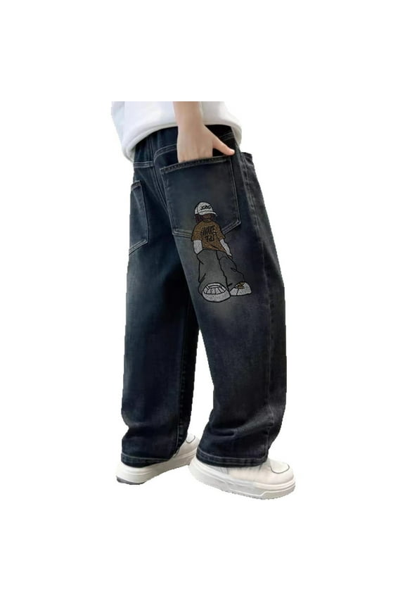 Baggy Jeans Boys Wide Leg Elastic Waist And Multiple Pockets Cargo Trousers Jeans Denim Pants For Children Breathable Elastic Cozy Boy’s And Girl's Trousers