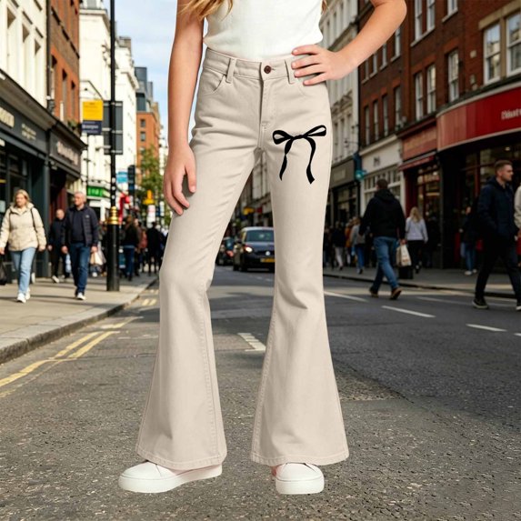 Angala Big Girls Flared Pants Bowknot Graphic Slim Fit High Waisted Fall Casual Girls Trousers