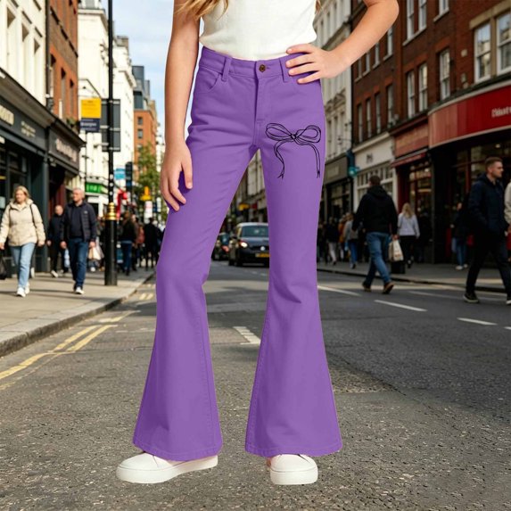 Angala Big Girls Flared Pants Bowknot Graphic Slim Fit High Waisted Fall Casual Girls Trousers