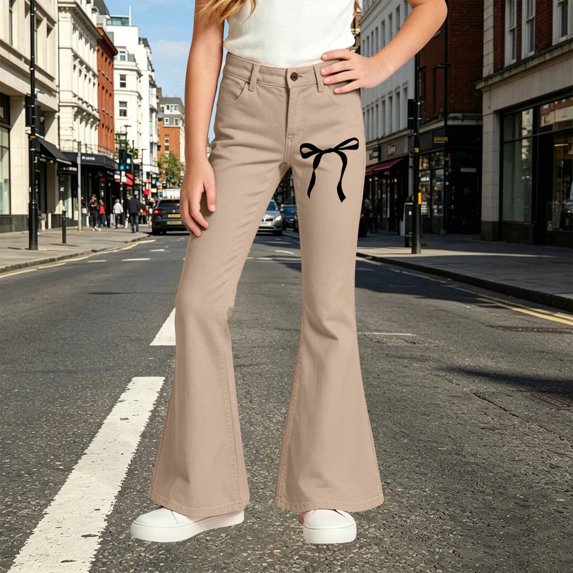 Angala Big Girls Flared Pants Bowknot Graphic Slim Fit High Waisted Fall Casual Girls Trousers