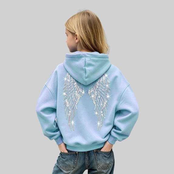 Angala Big Girls Hoodie Rhinestone Angel Wings Fall Sweatshirt Sequin Girls Casual Athletic Top