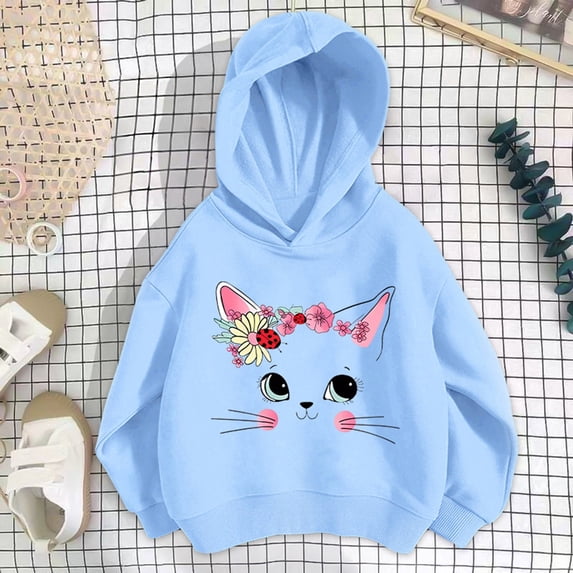 Angala Big Girls Hoodies Sweatshirts Size 8-9 Years Blue Soft Warm Cute Cat Print Long Sleeve Fall Winter Dailywear Girl Tops