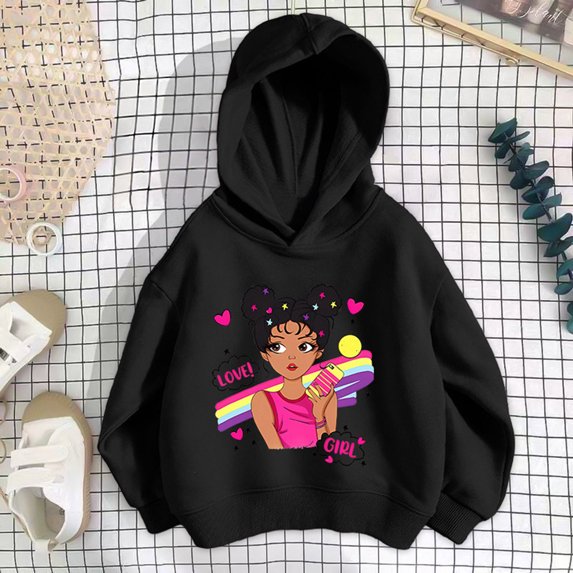 Angala Big Girls Hoodies Sweatshirts Size 9-10 Years Black Loose Fit Graphic Print Long Sleeve Fall Winter Dailywear Girls Sweatshirts